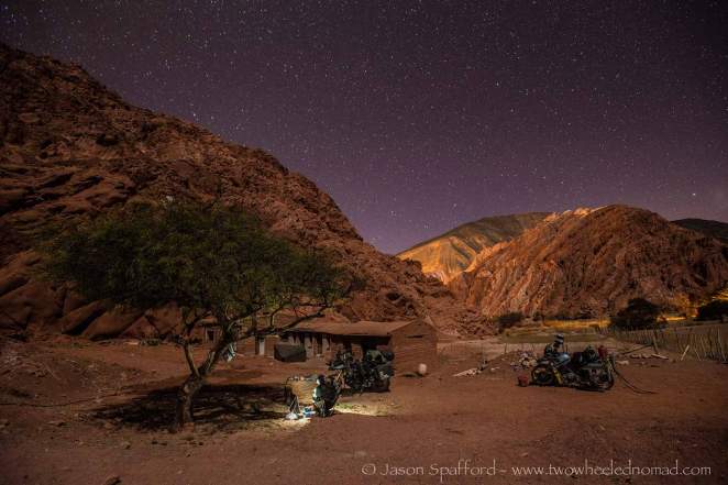 Laying down just the sleeping bags for a starry night in the desert, Purmamarca